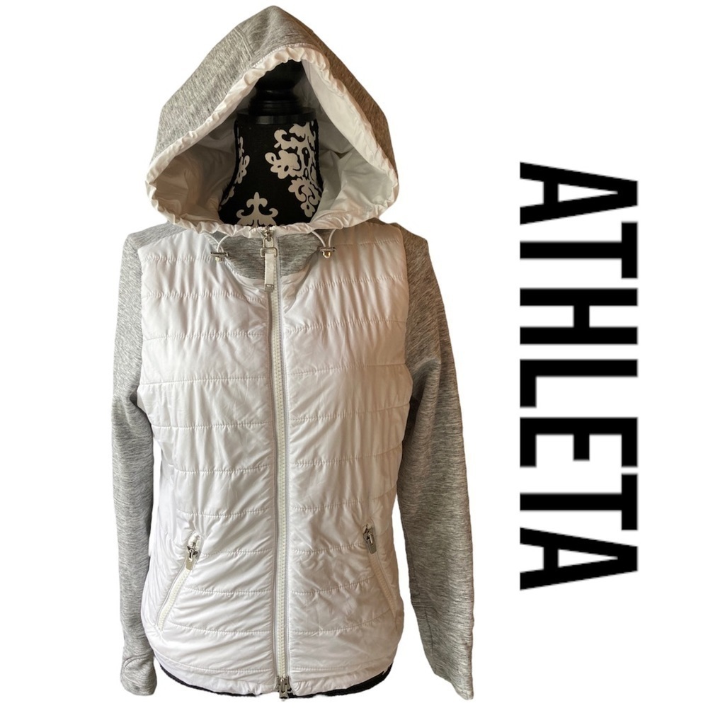 Athleta Womens Gray White Hybrid Quilted Full Zip Hoodie Jacket Small